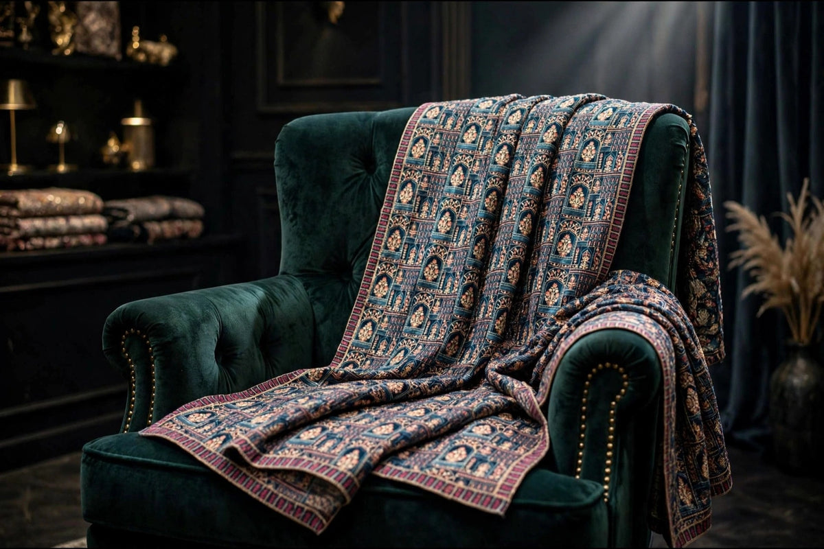 Noor-e-Jahan Teal Blue Fully Embroidered Velvet Shawl  Mughal Arch Design