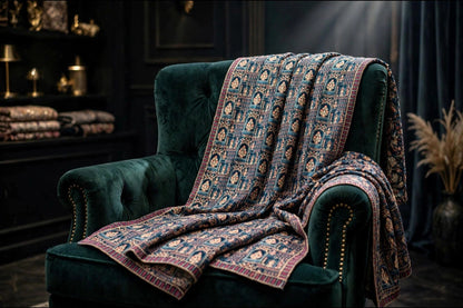 Noor-e-Jahan Teal Blue Fully Embroidered Velvet Shawl  Mughal Arch Design