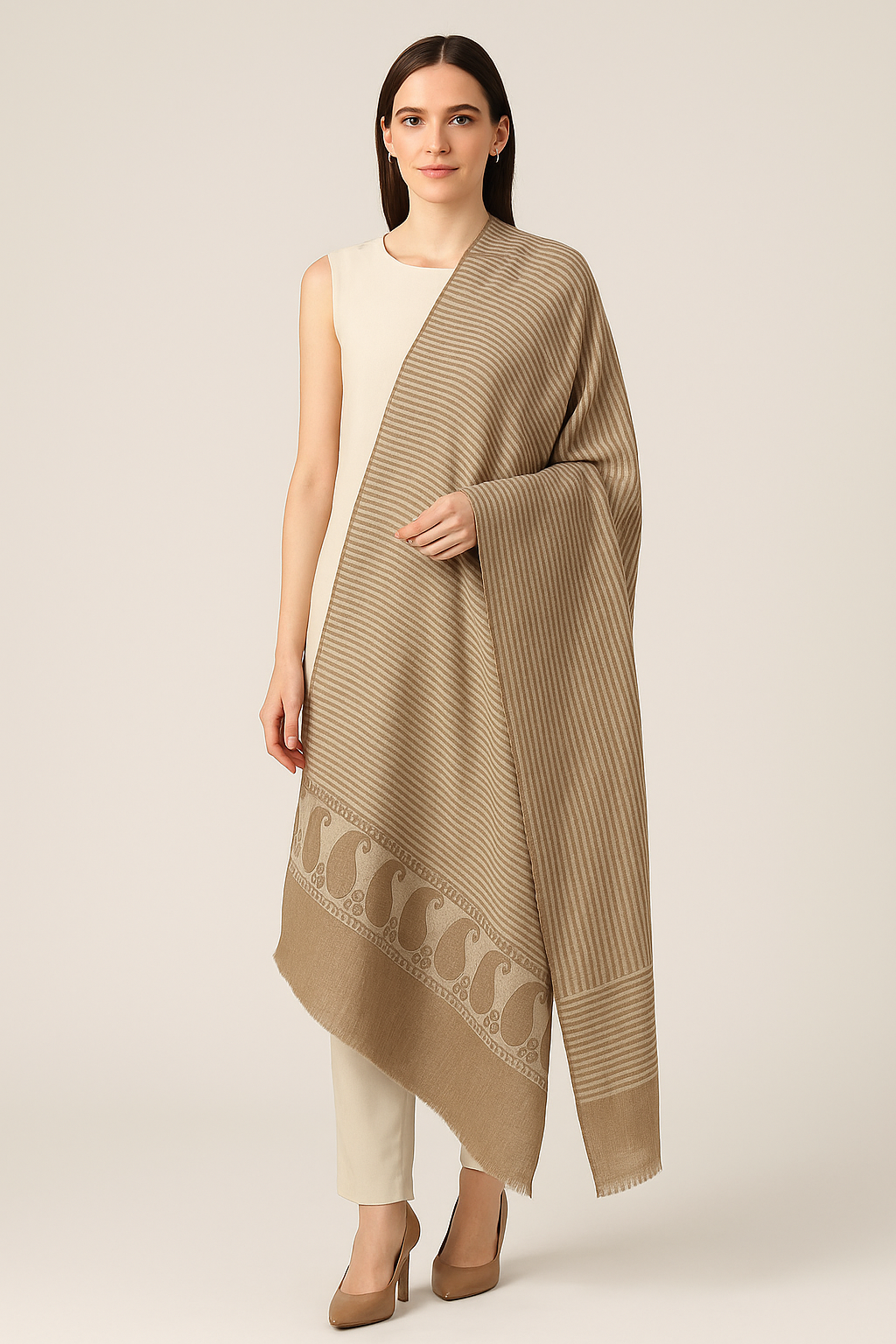 Elegant Beige Pashmina Shawl with Paisley Border