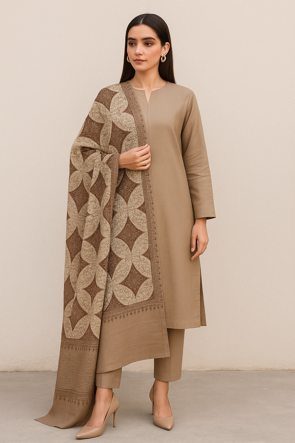 Luxury Pashmina Shawl – Brown & Beige Ornamental Pattern
