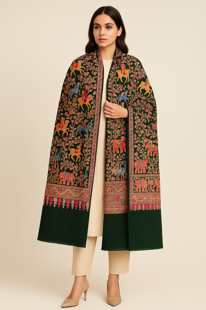 Handcrafted Pashmina Shawl with Multicolor Animal Embroidery Deep Green