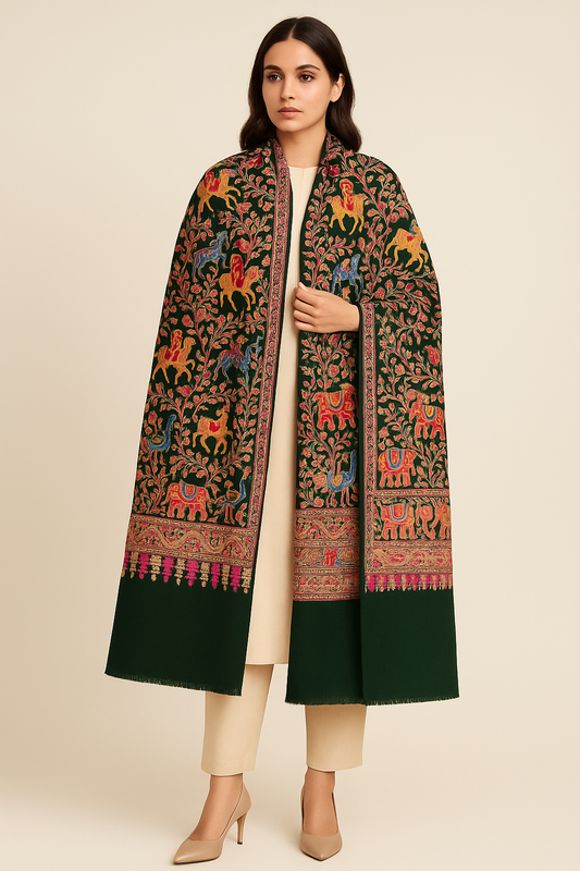 Handcrafted Pashmina Shawl with Multicolor Animal Embroidery Deep Green