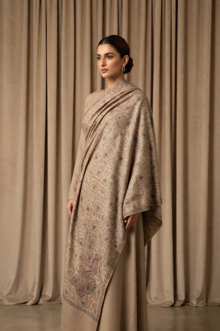 Handcrafted Sozni Embroidered Pashmina Shawl | Beige Heritage Wrap