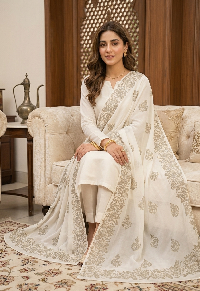 Ethereal Ivory Georgette Dupatta with Intricate Golden Floral Block Print