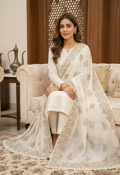 Ethereal Ivory Georgette Dupatta with Intricate Golden Floral Block Print