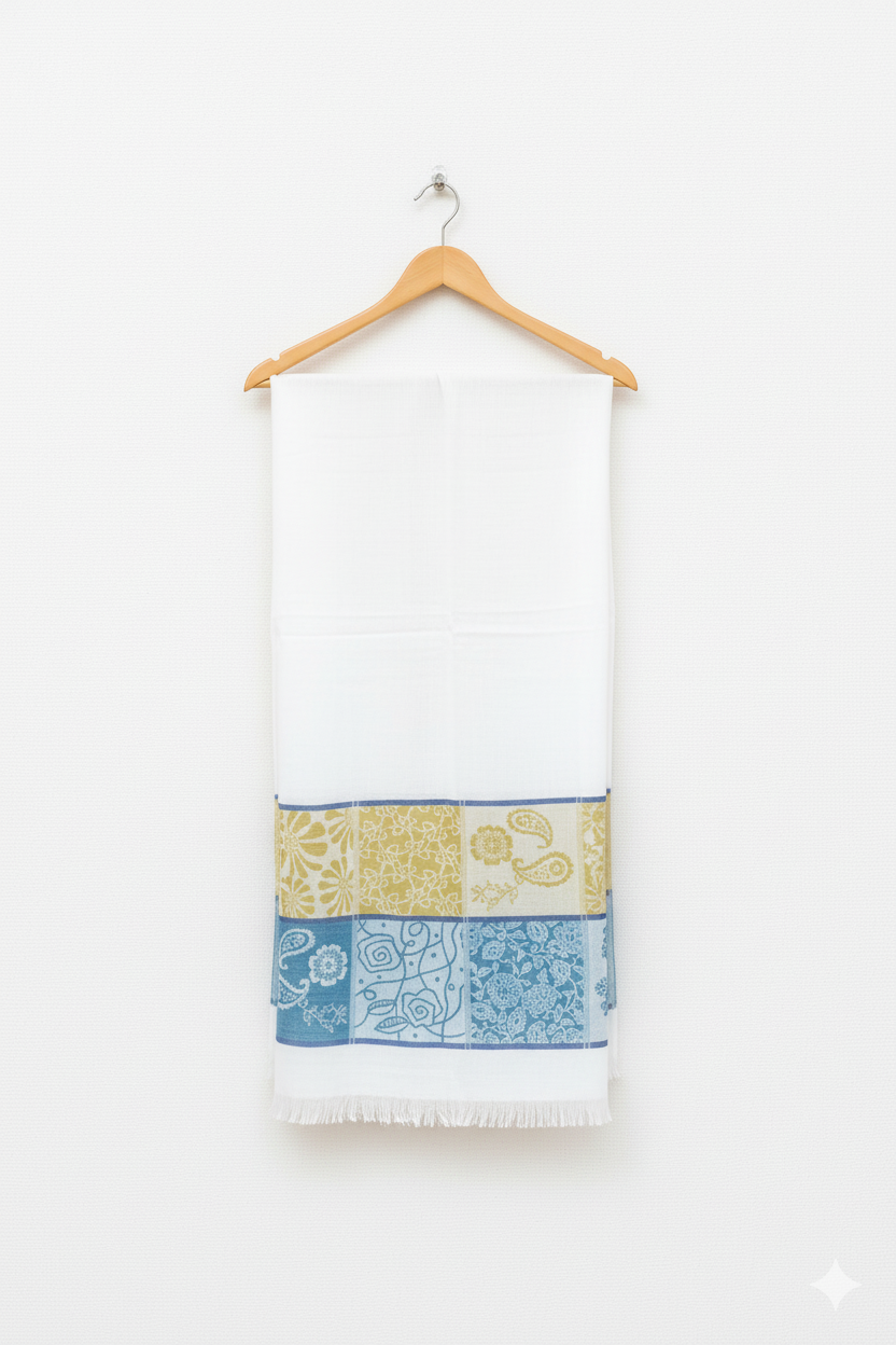 Elegant White Stole with Gold & Blue Paisley and Floral Border