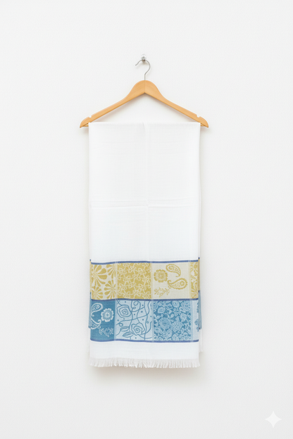Elegant White Stole with Gold & Blue Paisley and Floral Border
