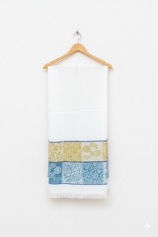 Elegant White Stole with Gold & Blue Paisley and Floral Border