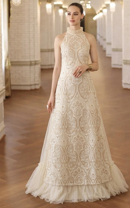 Laser Cutwork Applique Net Suit & Embroidered Chiffon Dupatta