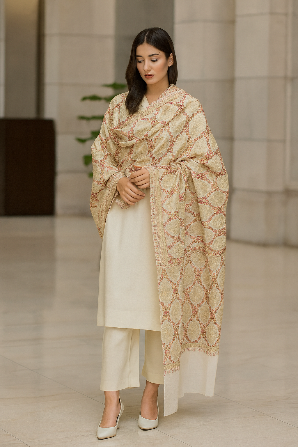 Luxury Pashmina Aari Embroidered Shawl Ivory Beige & Rose Gold Motif