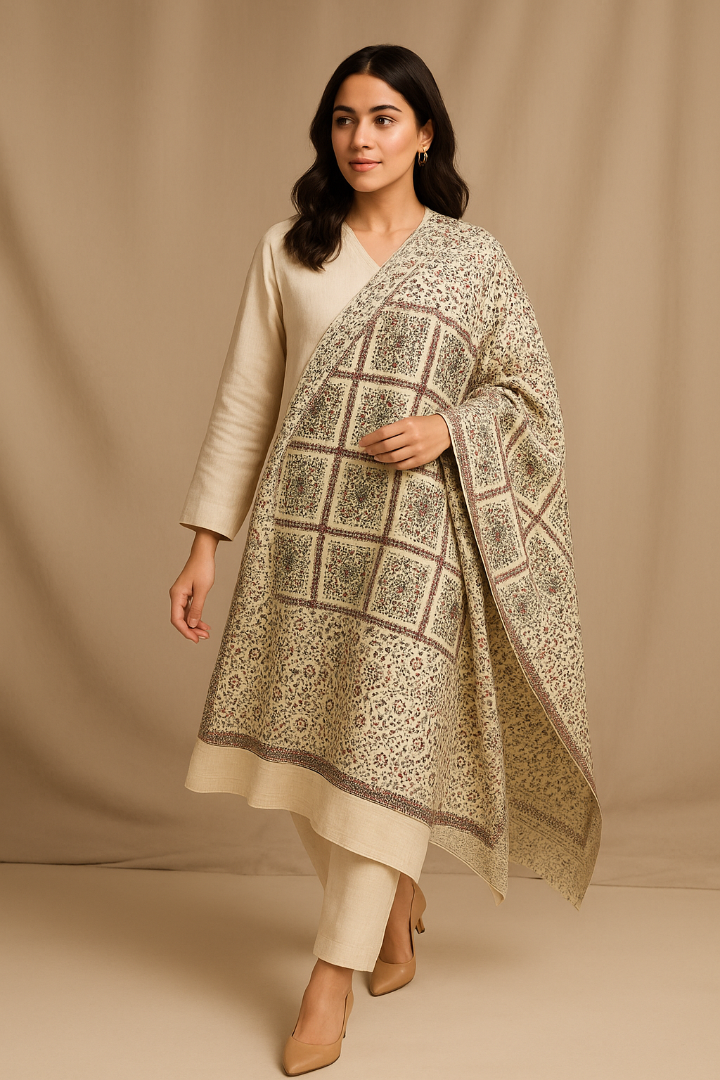 Needle Embroidery Pashmina Shawl  Beige & Maroon Floral Grid Pattern