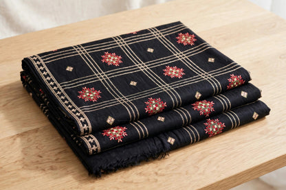 Noir Heritage - Black Embroidered Check Shawl with Red Motif