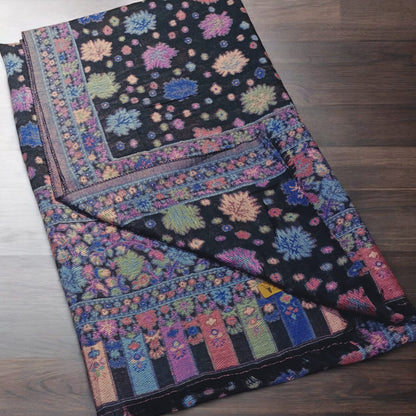 Elegant Black Pashmina Kani Shawl – Floral Weave