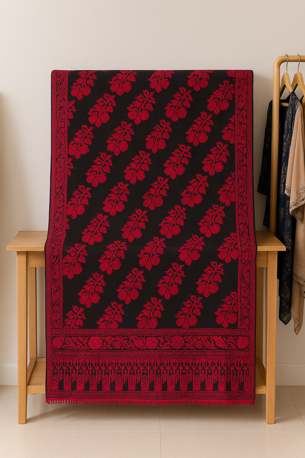 Black & Red Floral Jacquard Shawl Timeless Elegance