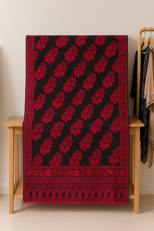 Black & Red Floral Jacquard Shawl Timeless Elegance