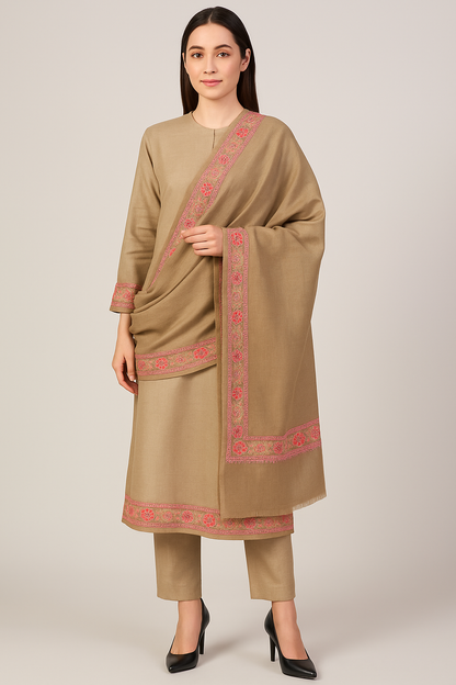 Elegant Pashmina Shawl with 4-Side Aari Embroidered Border