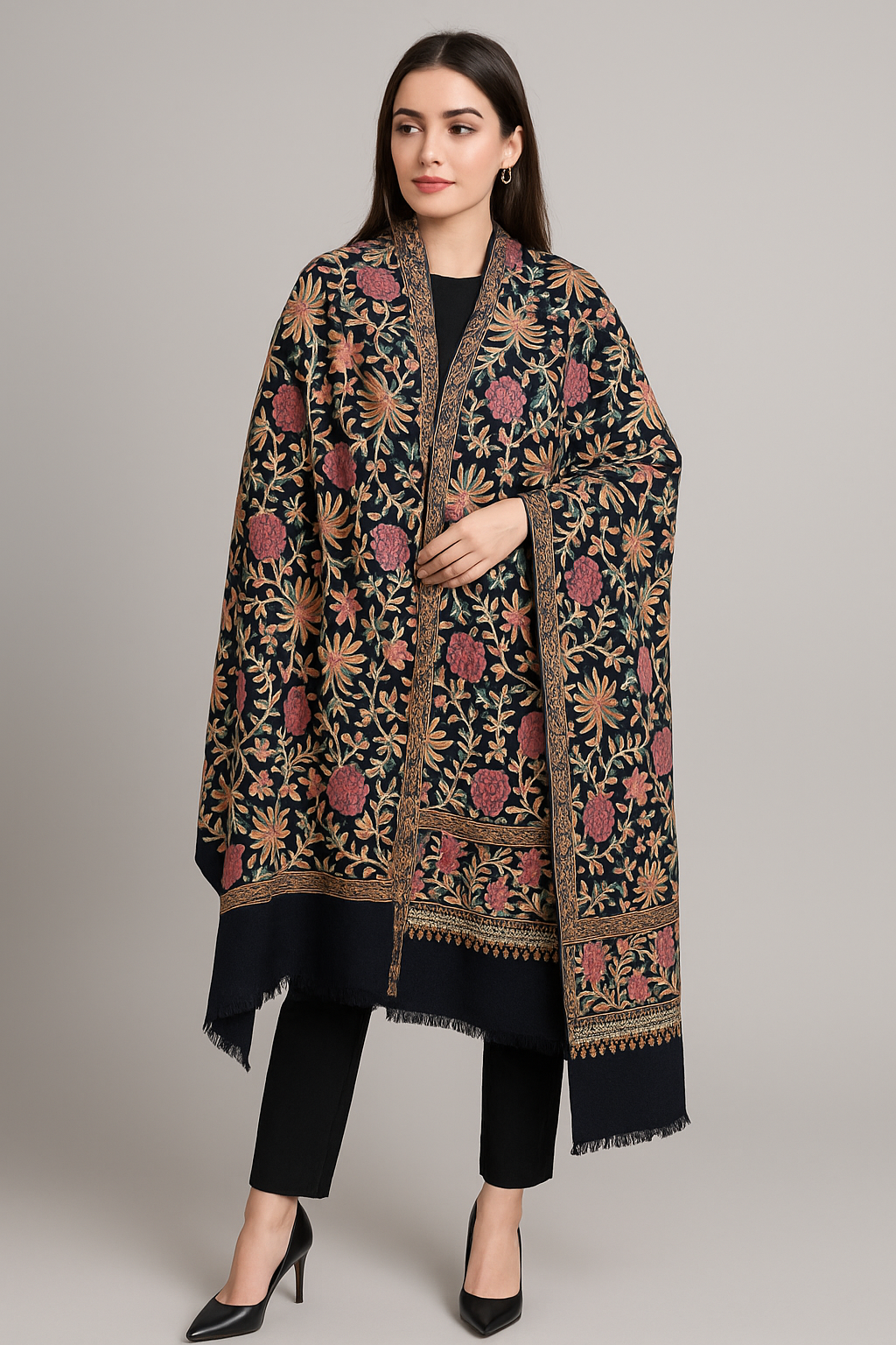 Hand-Embroidered Pashmina Shawl – Midnight Bloom