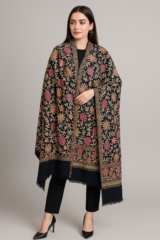 Hand-Embroidered Pashmina Shawl – Midnight Bloom
