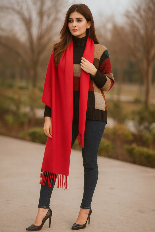 Vibrant Red Winter Stoler  Soft Wool Blend with Tassel Fringe