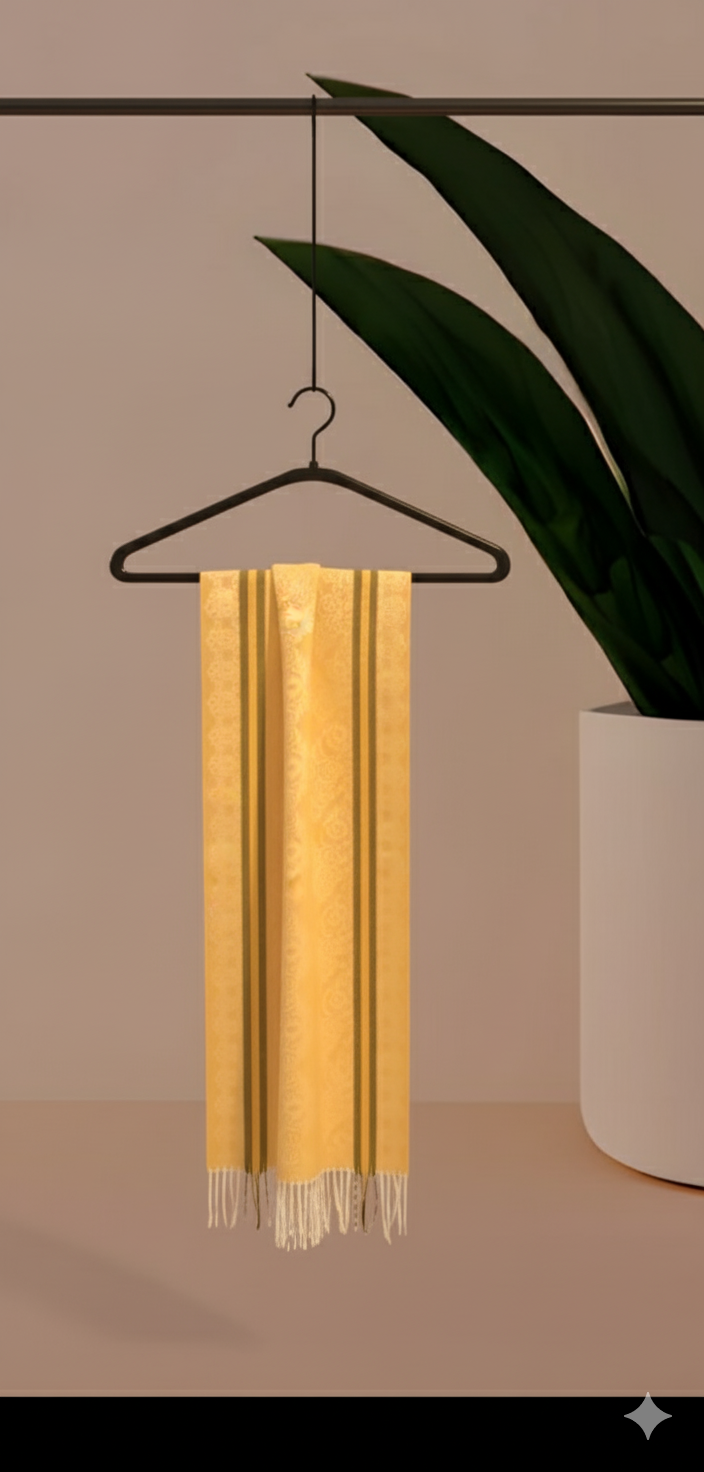 Luxurious Gold Patterned Wool Stole with Stripe Detail and Fringe