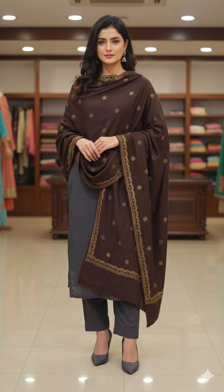 Chocolate Brown Pashmina Shawl with Golden Embroidery