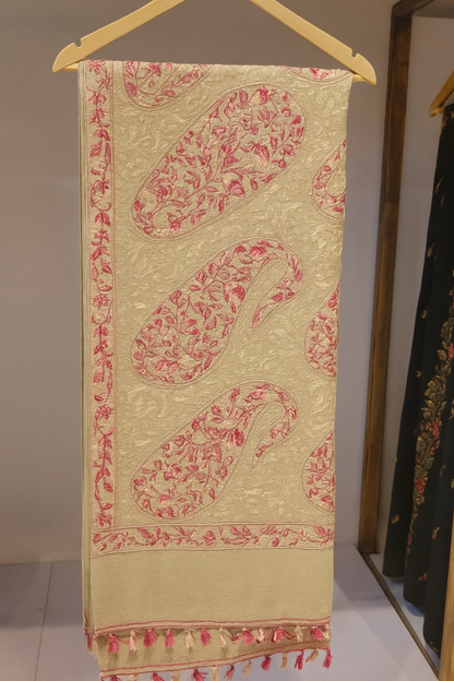 Luxury Pashmina Shawl – Beige with Pink Aari Embroidery