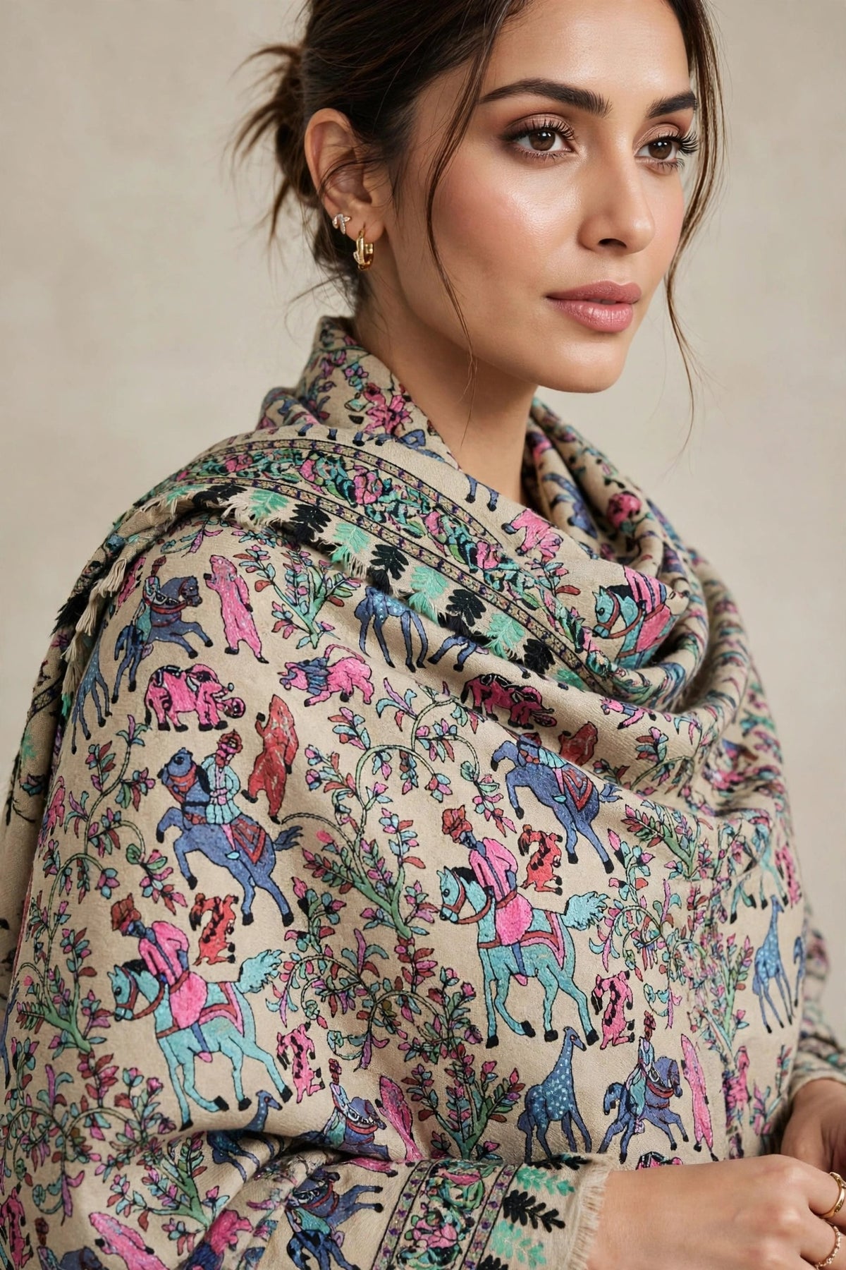 Noor - Beige Shikargah Kalamkari Pashmina Shawl