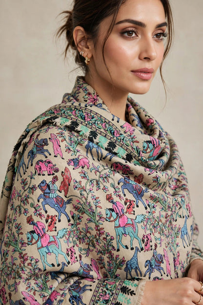 Noor - Beige Shikargah Kalamkari Pashmina Shawl