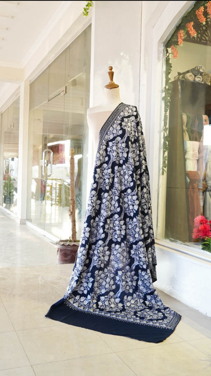 Navy Blue Aar Embroidered Pashmina Shawl  Tree of Life Design