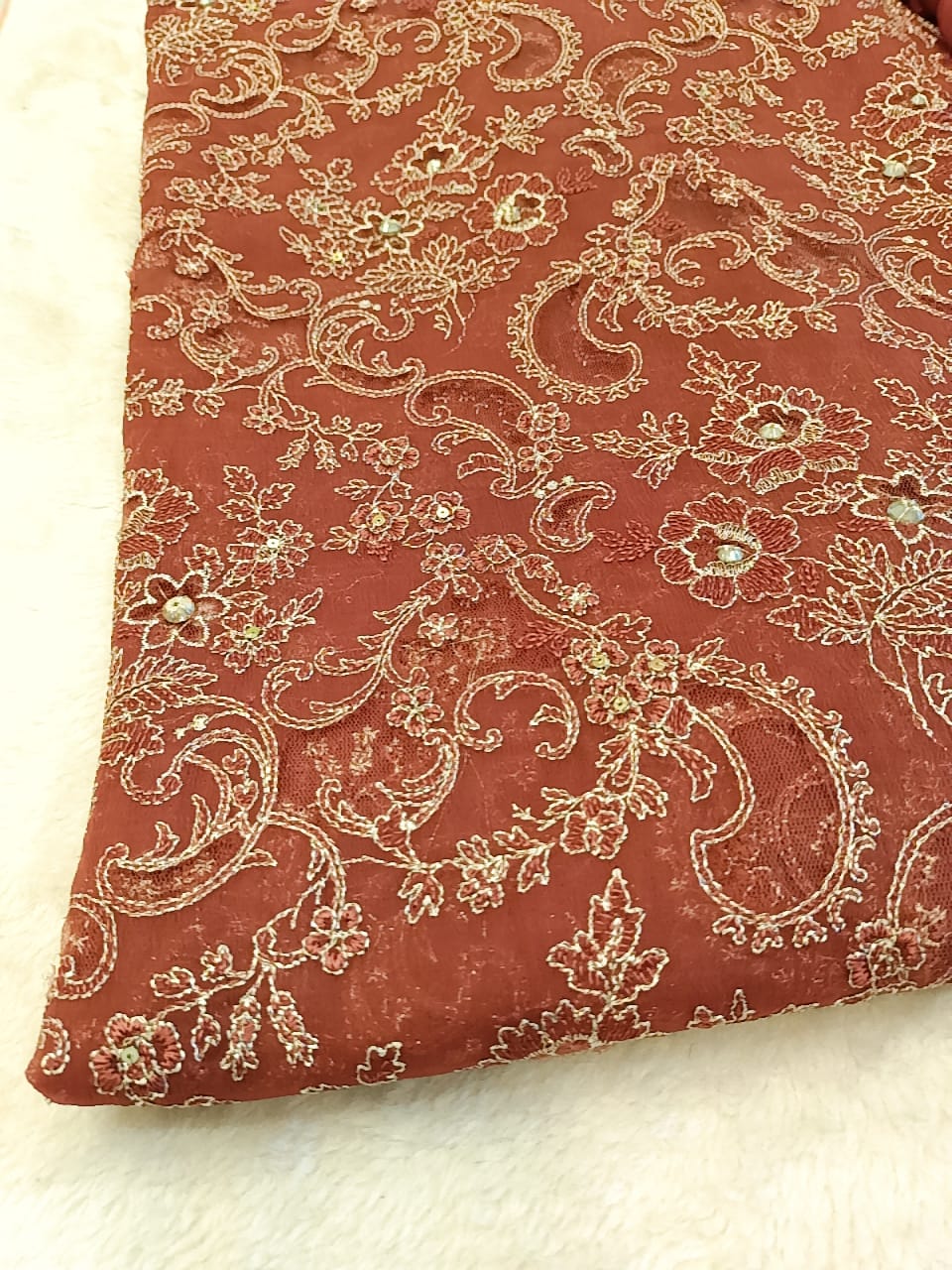 Timeless Elegance | Laser-Cut Chiffon Embroidered 3-Piece Suite - Cocoa Brown