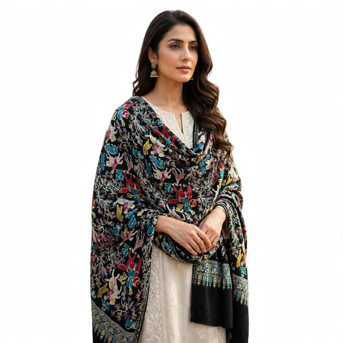 Black Shikargah Kani Pashmina Shawl  Multicolor Hunting Scene Embroidered Wool Shawl