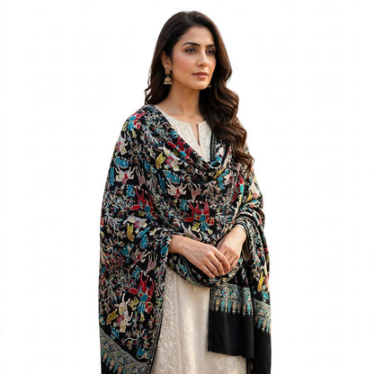 Black Shikargah Kani Pashmina Shawl  Multicolor Hunting Scene Embroidered Wool Shawl
