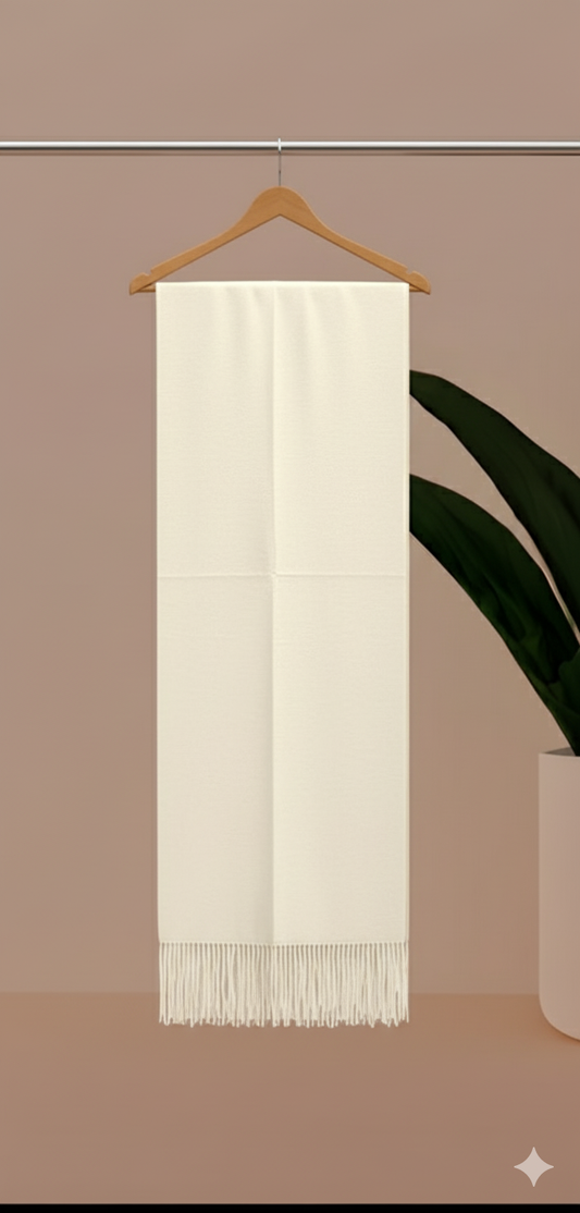 Luxurious Wool Blend Self-Stripe Fringed Stole | Cream/Ivory