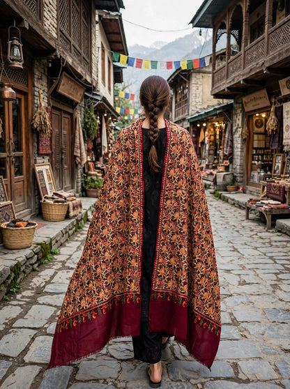 Embroidered Burgundy Pashmina Shawl - Heirloom Kashmiri Aari Work