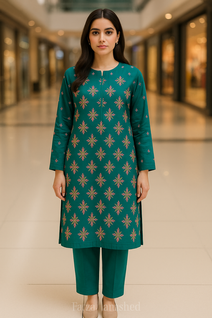 Teal embroidered 2-piece lawn suit: