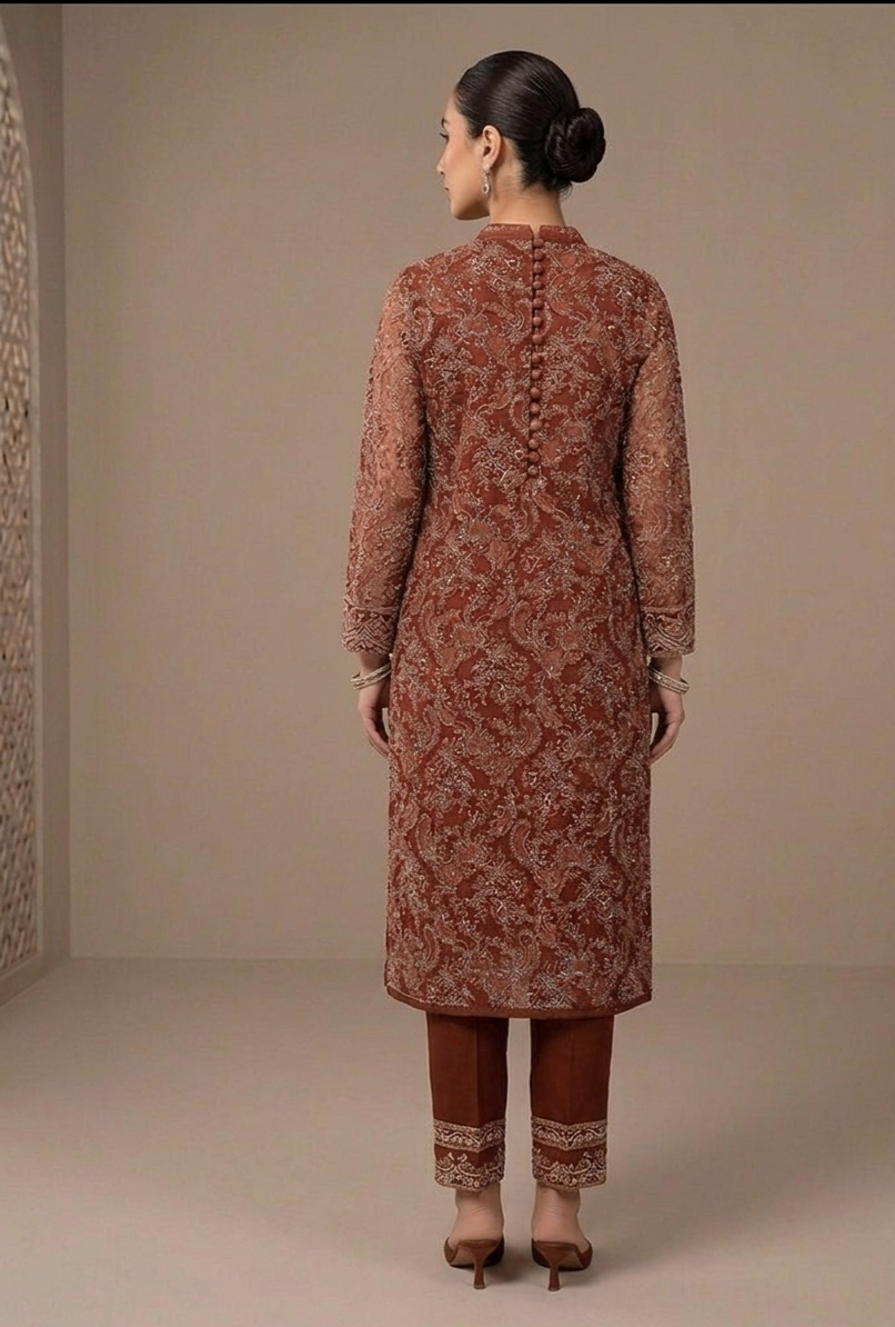 Timeless Elegance | Laser-Cut Chiffon Embroidered 3-Piece Suite - Cocoa Brown