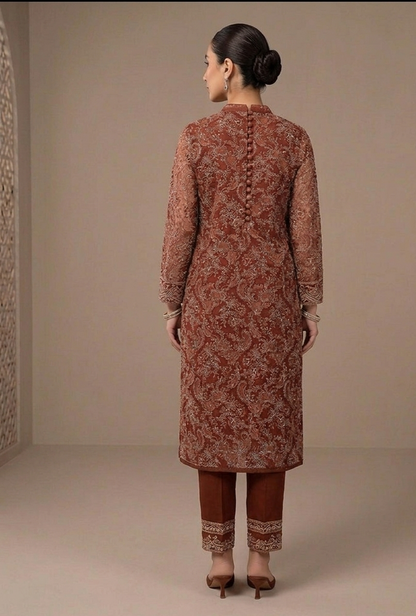 Timeless Elegance | Laser-Cut Chiffon Embroidered 3-Piece Suite - Cocoa Brown
