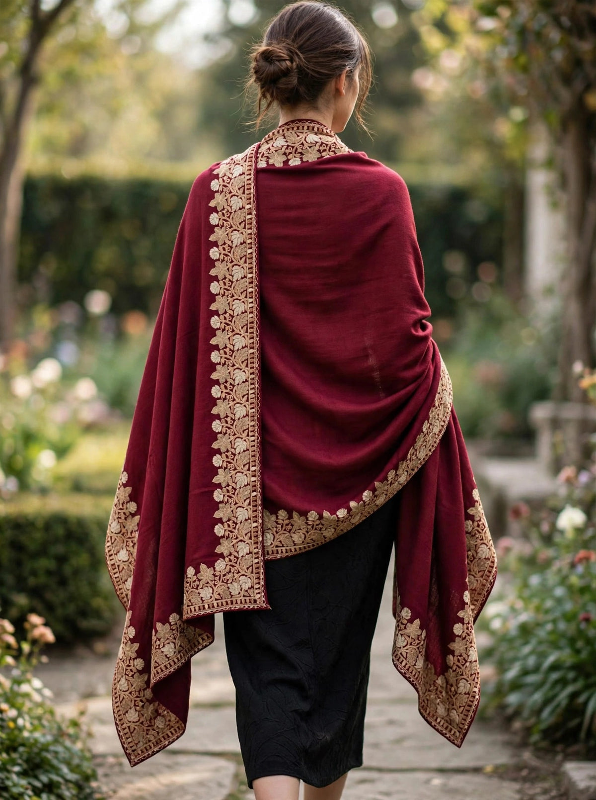 Noor - Maroon Gold Embroidered Pashmina Shawl | Kashmiri Aari Work
