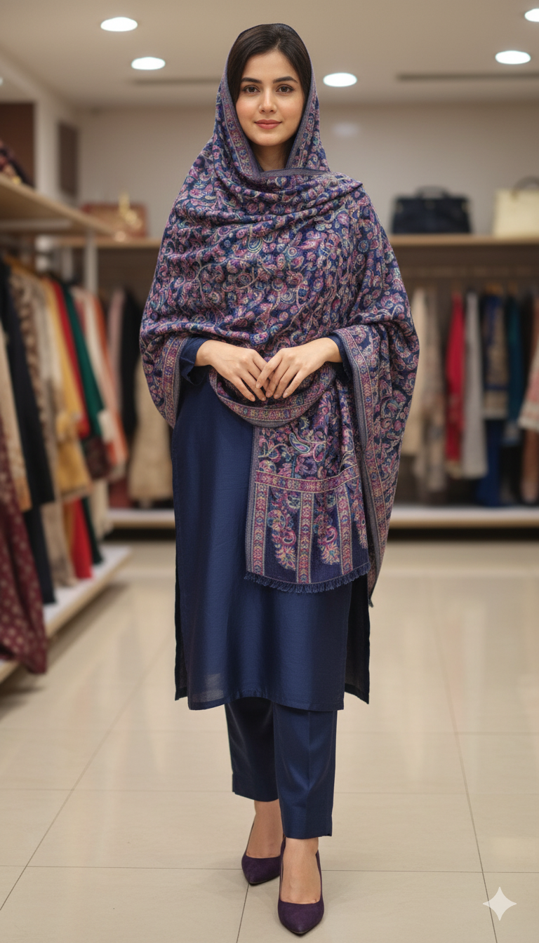Elegant Navy Blue Kani Pashmina Mini Shawl – Intricate Paisley Weave