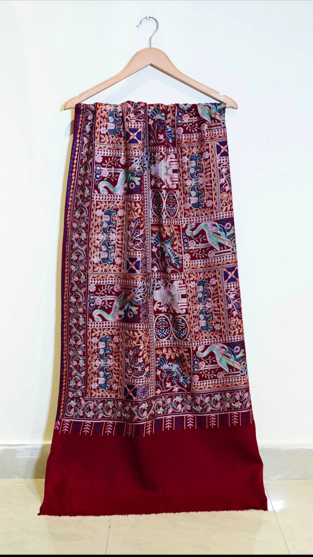 Premium Kalamkar Embroidered Pashmina Shawl  Deep Maroon