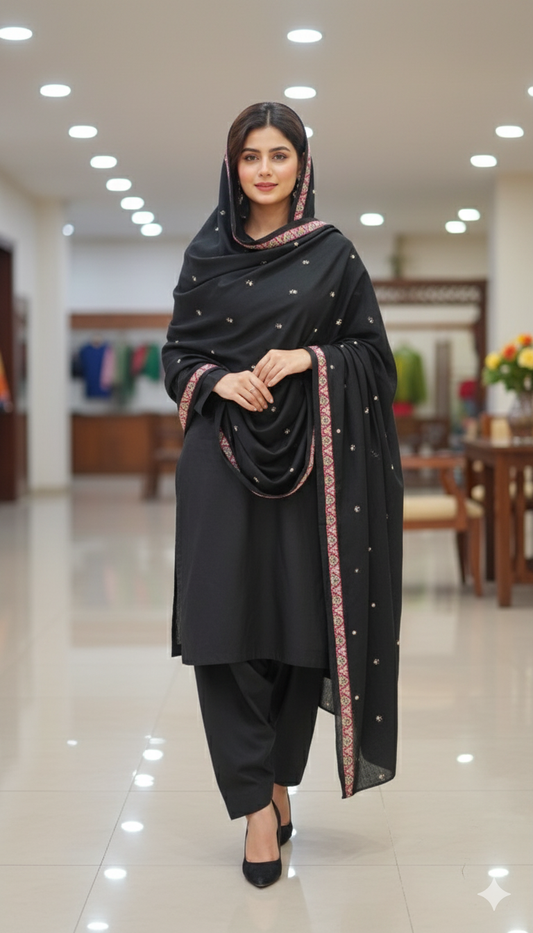 Elegant Black Handcrafted Pashmina Shawl