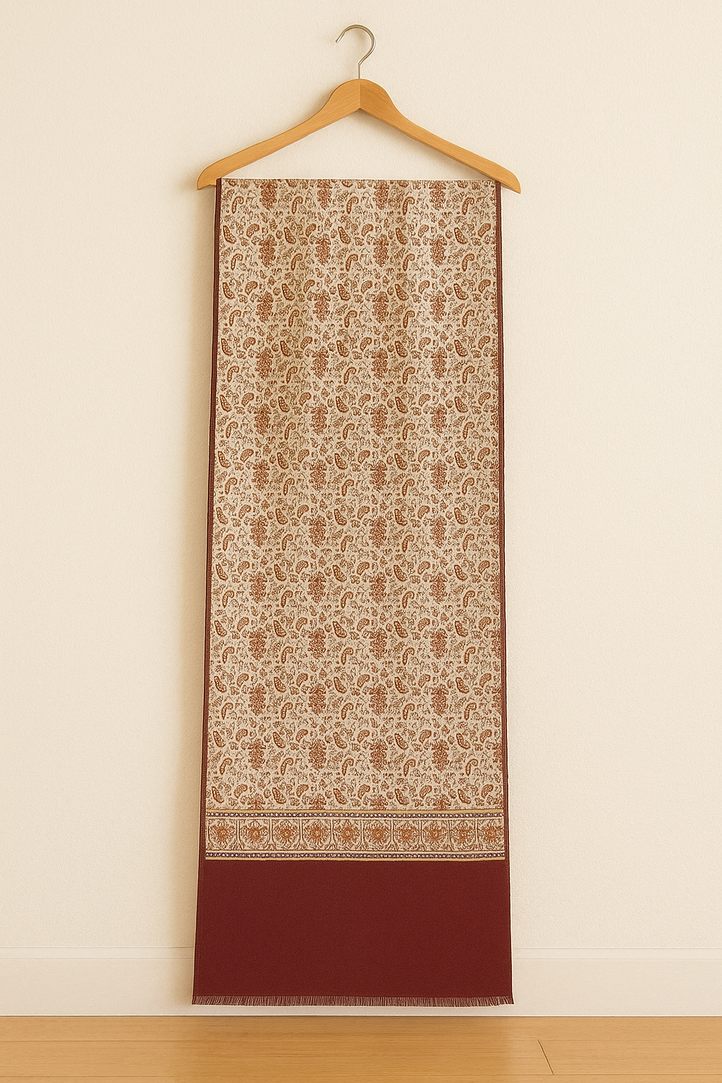 Maroon & Beige Traditional Pashmina Shawl – Floral & Paisley Grandeur