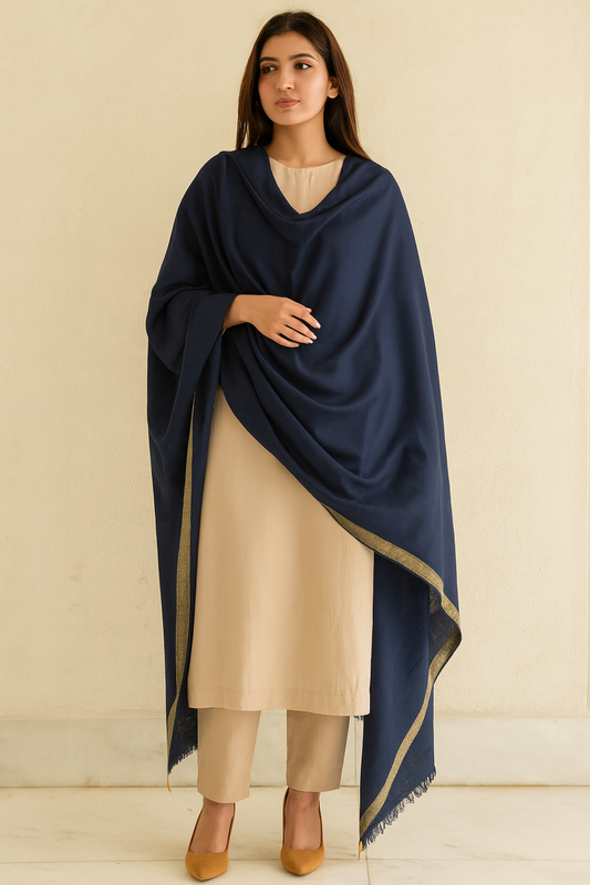 Zari border pashmina shawl navy blue