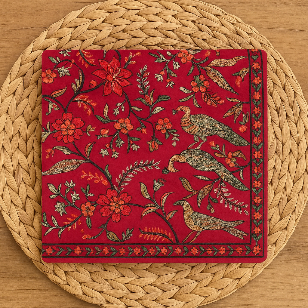 Luxury Red Pashmina Aari Embroidered Shawl Floral & Bird Motif