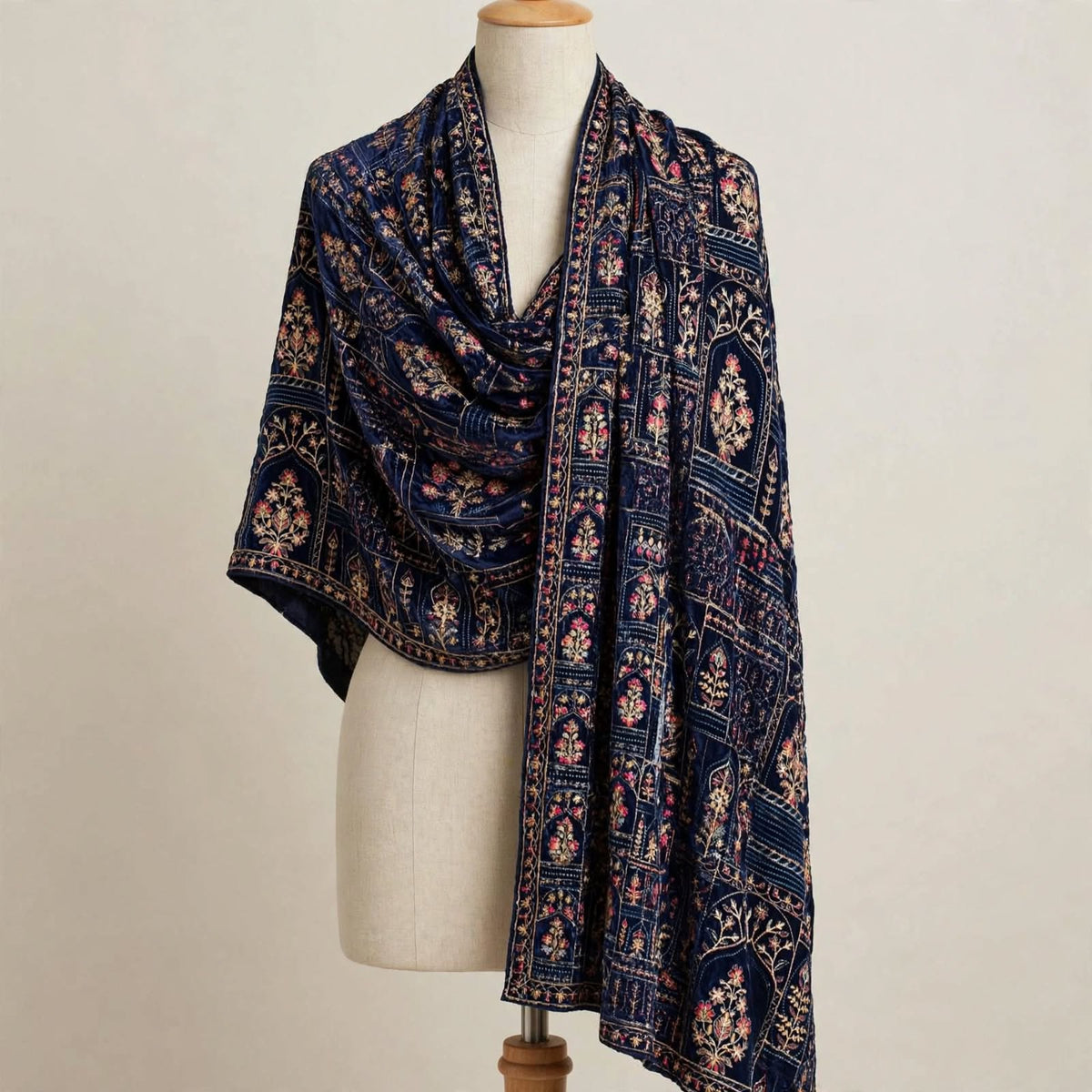 Noor-e-Jahan Teal Blue Fully Embroidered Velvet Shawl  Mughal Arch Design