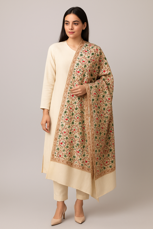 Premium Aari Embroidered Pashmina Shawl Cream Base with Multicolor Floral Motifs