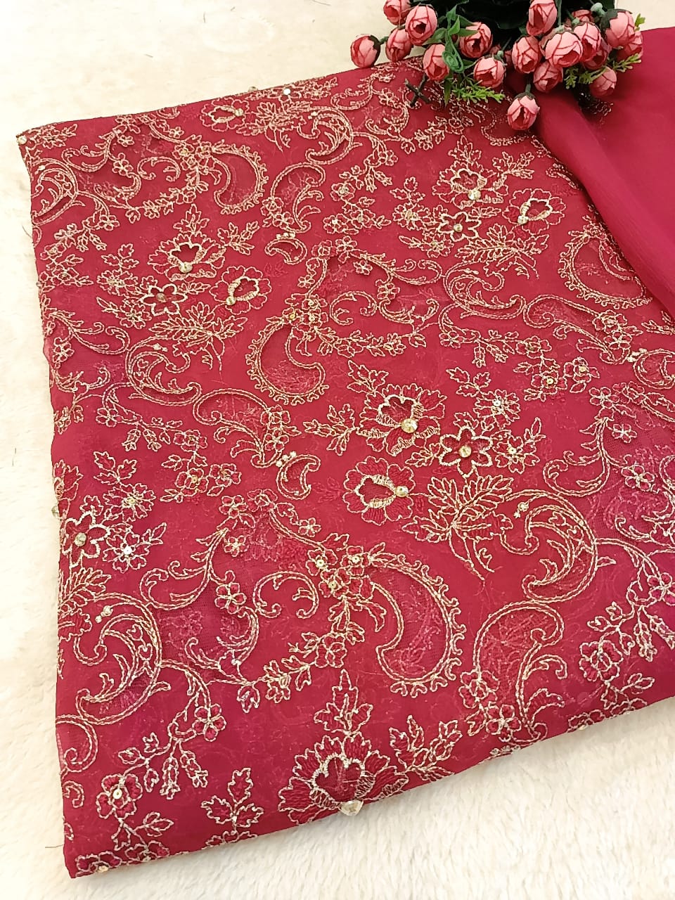 Luxury Magenta Pashmina Unstitched Suit | Laser-Cut Embroidery & Chiffon Dupatta