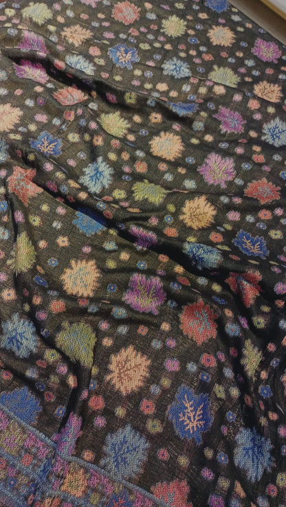 Elegant Black Pashmina Kani Shawl – Floral Weave