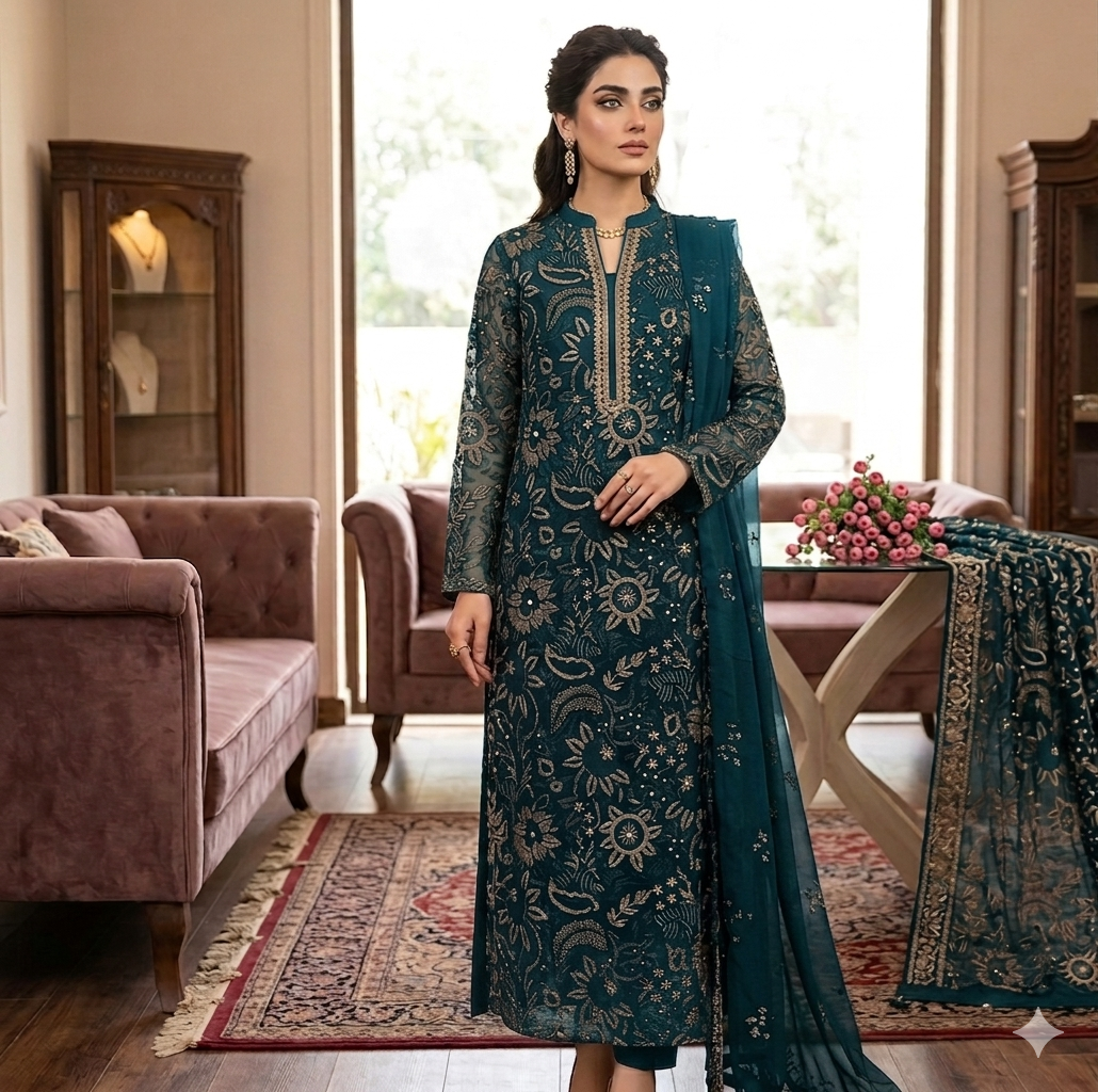Teal Radiance: Laser-Cut Applique & Embroidered Chiffon Ensemble