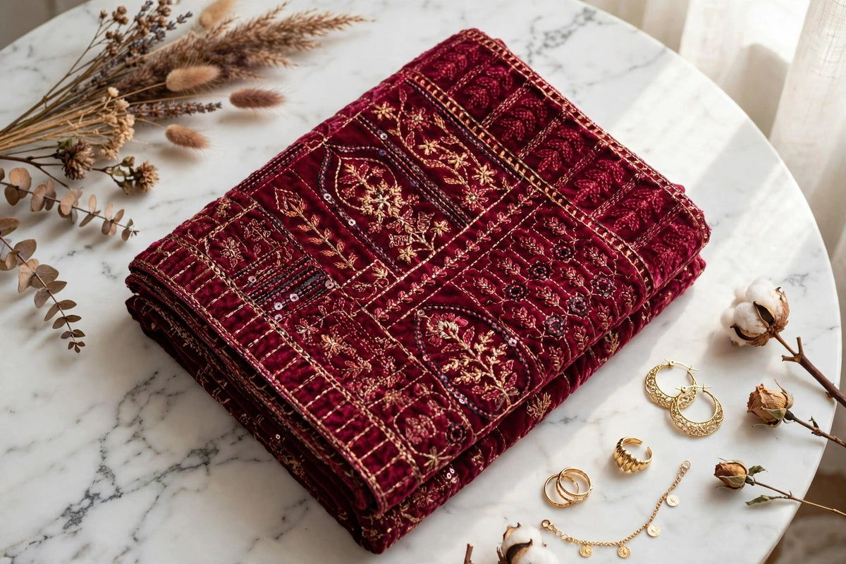 Burgundy Velvet Pakistani Dress with Heavily Embroidered Shawl